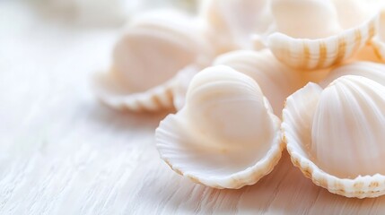 Poster - A closeup view of beautiful seashells arranged artistically on a light wooden surface : Generative AI
