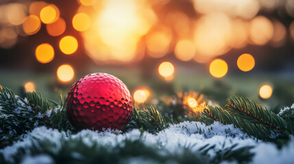 Aufkleber - Red golf ball christmas ornament resting on snowy pine branches with christmas lights bokeh effect at sunset