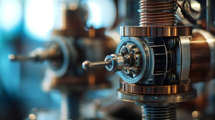 Aufkleber - Close-up highlighting intricate machinery with copper and steel parts, showcasing precision engineering in a scientific setting
