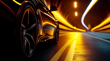 Wall Mural - Sleek black car parked in illuminated tunnel, showcasing reflections and motion blur effects