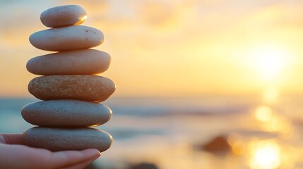 Poster - Stack of smooth pebbles balanced skillfully during a beautiful sunset at the beach : Generative AI