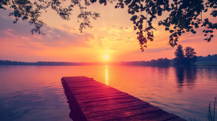 Wall Mural - Wooden pier stretching over calm lake waters, reflecting golden sunset light and creating serene, tranquil landscape with soft evening warmth