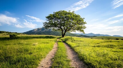 Aufkleber - Lone Tree Standing in Green Field with Pathway Leading into Nature : Generative AI