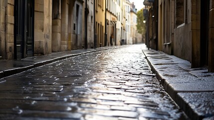 Poster - Charming cobblestone street glistening after rain in a quaint old town with vintage buildings lining the sides : Generative AI