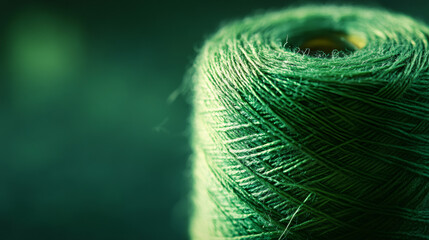 Poster - Green spool of thread winding with textured yarn against dark blurry backdrop, highlighting textile crafting details