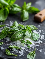 Poster - Fresh basil leaves sprinkled with salt on a dark kitchen surface highlighting the vibrant green color and culinary appeal : Generative AI