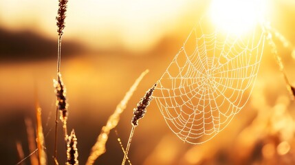 Poster - Delicate Spider Web Glimmering in the Sunset Light Capturing Nature's Wonders : Generative AI