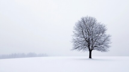 Poster - Lonely tree standing tall in a snowy landscape under a foggy sky evoking a serene winter mood : Generative AI
