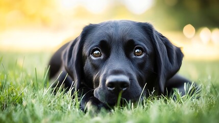 Poster - Adorable black Labrador Retriever lying on green grass with a curious expression in the sunlight : Generative AI