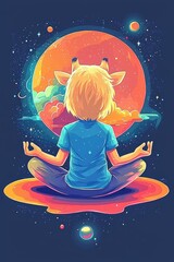 Wall Mural - cosmic meditation a giraffe-headed child finds inner peace amidst the stars