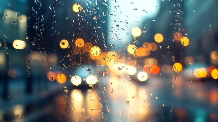 Aufkleber - Beautiful urban scenery with rain on window capturing blurred lights and busy traffic on a vibrant city street : Generative AI