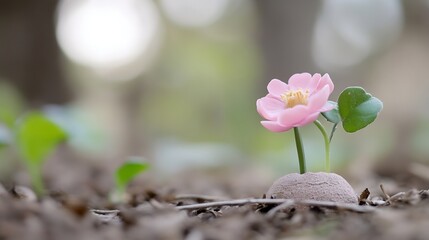 Wall Mural - Delicate Pink Flower Emerging from Earth Surrounded by Green Leaves in a Natural Setting : Generative AI