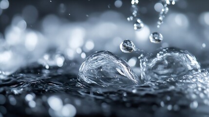 Poster - Closeup view of water droplets splashing and creating ripples in a serene pond : Generative AI