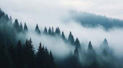 Poster - Mysterious misty forest landscape with tall evergreen trees shrouded in fog and soft light from above : Generative AI