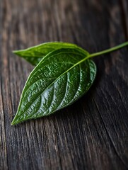 Poster - Vibrant Green Leaf Resting on Dark Wooden Surface Capturing Nature's Beauty : Generative AI