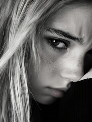Poster - Intense CloseUp Portrait of a Young Girl with Striking Freckles and Deep Eyes : Generative AI