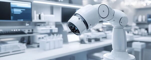 Poster - A close-up of an advanced robotic arm in a modern laboratory, showcasing its precision and innovative design