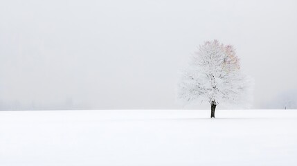 Aufkleber - Solitary tree in a vast snowy landscape under a soft winter sky showcasing nature's peace : Generative AI