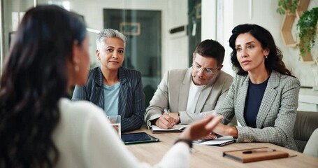 Poster - Business people, proposal and negotiation in meeting for discussion and financial report in accounting. Feedback, sales review and accountant in office for finance career, project funding or teamwork