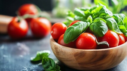 Poster - Fresh ripe cherry tomatoes and basil leaves in a rustic wooden bowl ready for delicious cooking : Generative AI