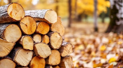 Poster - Stacked Wooden Logs Surrounded by Autumn Leaves in a Serene Forest Setting : Generative AI