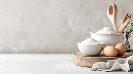 Poster - Natural ingredients for baking featuring flour eggs and wooden utensils arranged on a light background : Generative AI
