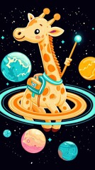 Wall Mural - adorable giraffe astronaut exploring the cosmos on a planetary ring