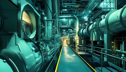 Poster - A detailed view of a modern industrial facility, showcasing intricate machinery and piping systems
