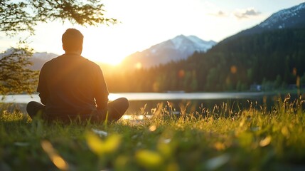Aufkleber - Person Meditating Peacefully by the Lake During Sunset Surrounded by Nature : Generative AI