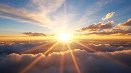 Poster - A stunning sunset view above the clouds radiating warm golden light into the sky : Generative AI