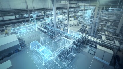Poster - A futuristic manufacturing facility showcasing advanced technology and digital blueprints for efficient production processes.