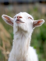 Poster - Happy young goat basking in sunlight with eyes closed enjoying nature in green pasture : Generative AI