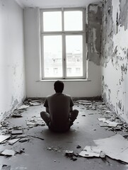 Aufkleber - Abandoned and dilapidated room with a person sitting quietly amidst debris reflecting solitude and introspection : Generative AI