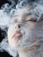 Poster - Ethereal beauty of a serene woman surrounded by delicate wisps of smoke on a dark background : Generative AI