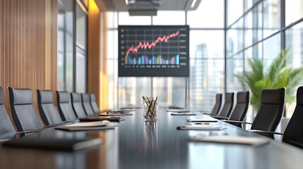 Fototapete - A modern conference room showcasing a large table surrounded by ergonomic chairs, a presentation screen displaying growth graphs, and a touch of greenery, ideal for corporate meeti