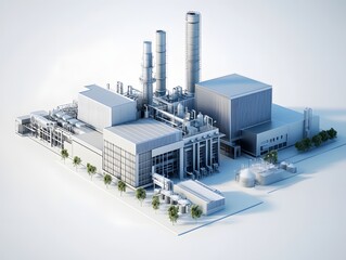 Poster - A modern industrial facility with towering smokestacks and intricate machinery, showcasing advanced technology and engineering in a clean and organized layout.