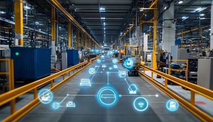 Poster - A modern industrial factory with advanced automation technology and digital interfaces. This image showcases efficiency in manufacturing and the impact of innovation in industry.