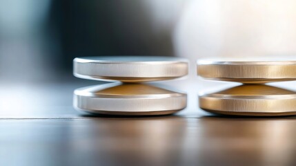 Aufkleber - Close up view of elegant golden and silver metallic coins stacked on a wooden surface in soft light : Generative AI
