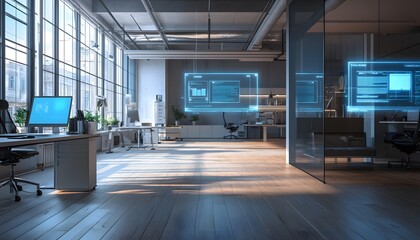 Poster - A modern office interior showcasing sleek desks, large windows with natural light, and futuristic screens displaying data for an innovative workspace.