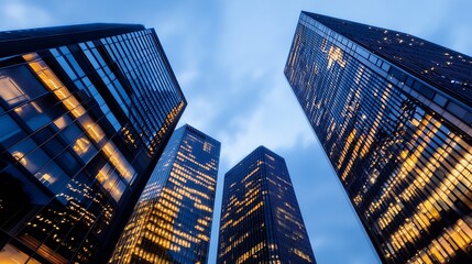 Aufkleber - Stunning view of modern skyscrapers with reflective glass facades glowing in evening light : Generative AI