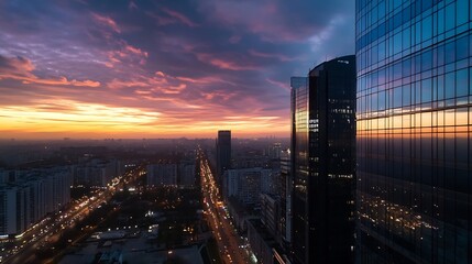 Aufkleber - Stunning Cityscape at Sunset with Vibrant Colors and Reflective Skyscrapers : Generative AI