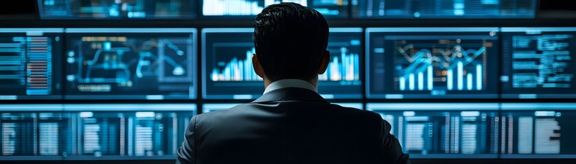 Poster - A professional individual analyzes data on multiple screens, showcasing a modern workspace with advanced technology and analytics