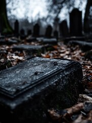 Poster - Mysterious gravestone surrounded by fall leaves creating an eerie yet captivating atmosphere : Generative AI