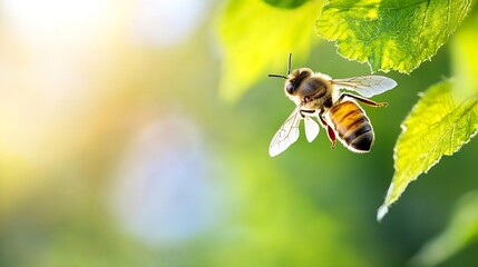 Aufkleber - Close up view of a bee hovering near green leaves in a bright nature setting : Generative AI