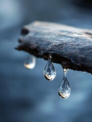Poster - Close up of water droplets hanging from a wooden log in serene natural environment : Generative AI