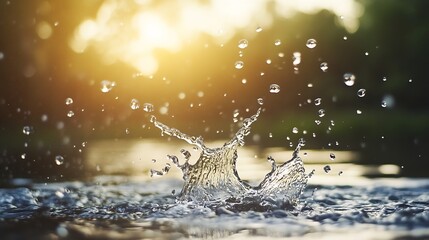 Poster - Dynamic splash of water with sunlight reflecting creating mesmerizing effects in a serene natural environment : Generative AI