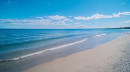 Poster - Serene beach landscape with calm waters and clear blue sky on a sunny day : Generative AI