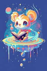 Wall Mural - cute cosmic creature reading a book on a melted planet