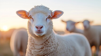 Poster - Charming CloseUp of a Friendly Sheep Smiling in the Golden Hour with Soft Lighting and Pastoral Background : Generative AI