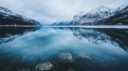 Aufkleber - Serene Winter Landscape with Snowy Mountains Reflecting on Calm Lake Waters : Generative AI